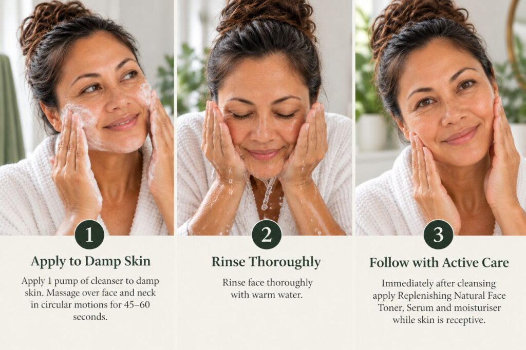 Three-step facial cleansing infographic featuring a middle-aged woman demonstrating how to massage scenturie natural creamy cleanser light, creamy cleanser onto damp skin, rinse thoroughly with warm water, and follow with toner, serum and moisturiser. Soft natural lighting and a calming botanical bathroom setting.