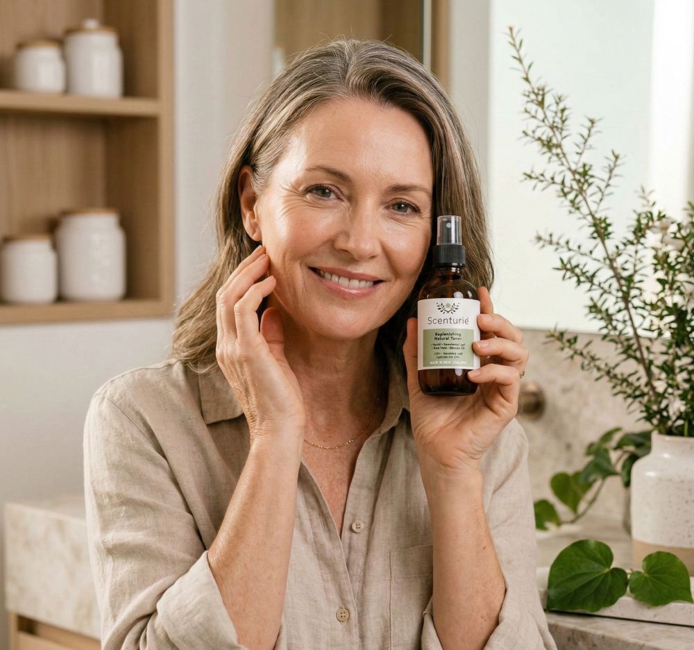 A smiling woman in her 50s with glowing, healthy skin holding a bottle of Scenturie Replenishing Natural Toner in a bright, modern bathroom setting featuring NZ native greenery.