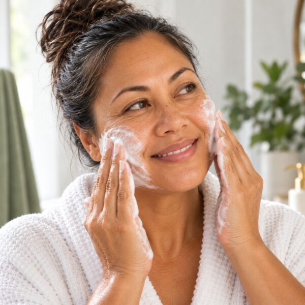 Middle-aged Pacific Islander woman gently massaging creamy facial cleanser into her cheeks, with natural skin texture and fine lines, during her daily skincare routine.