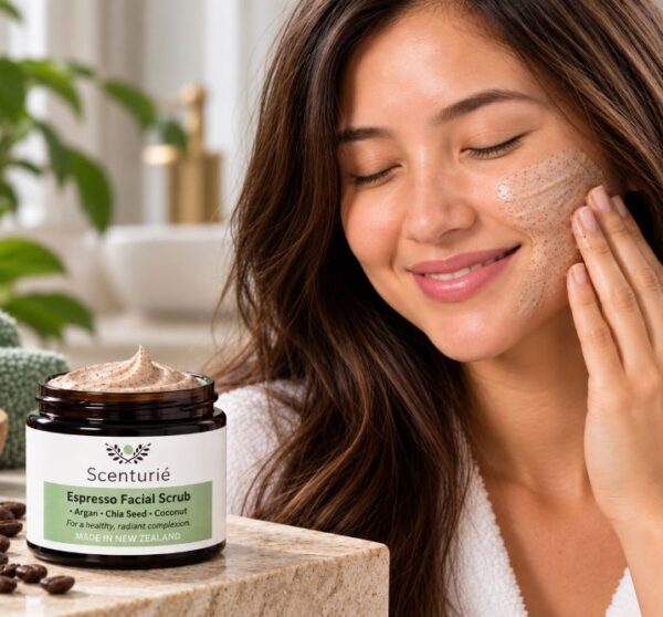 Woman applying Scenturie's award-winning Espresso Facial Scrub, a gentle natural skin exfoliant for radiant healthy skin.
