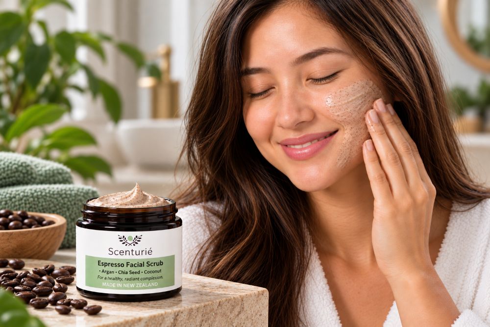 Woman applying Scenturie's award-winning Espresso Facial Scrub, a gentle natural skin exfoliant for radiant healthy skin.