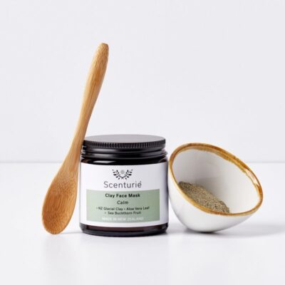 Scenturie Natural Skincare Clay Face Mask Set featuring NZ Glacial Clay, a handcrafted porcelain mixing bowl, and a bamboo spoon. This plastic-free, sustainable skincare gift set is designed for an at-home spa ritual using New Zealand native botanicals for sensitive and acne-prone skin.