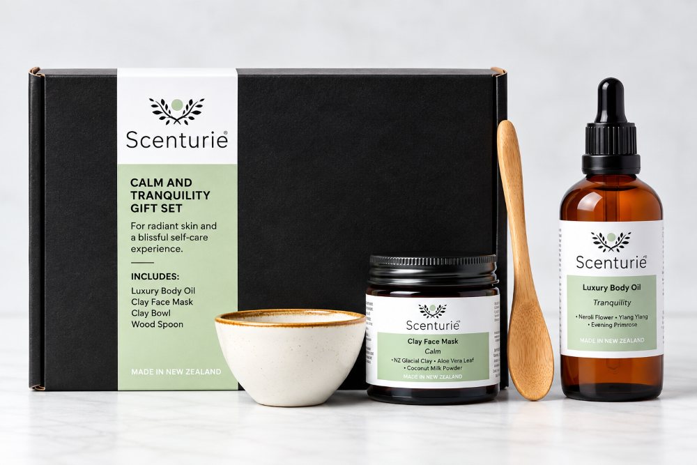Scenturie Calm and Tranquility Spa Gift Set featuring a powder NZ Glacial Clay Face Mask, luxury aromatherapy Body Oil, porcelain mixing bowl, and wooden spoon. Handcrafted in New Zealand.