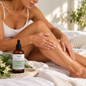 model applying scenturie luxury body oil