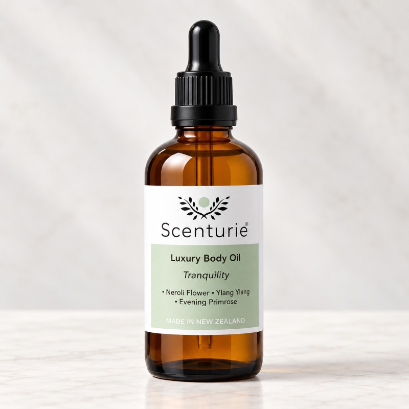 scenturie luxury body oil tranquility in amber glass bottle 100mL