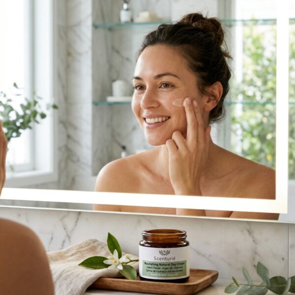 A radiant woman in her 40s applying Scenturie Nourishing Natural Day Cream in front of a mirror, featuring the amber glass jar with Neroli and Argan Oil.