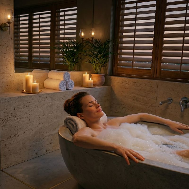 Woman relaxing in a bath with candles and dimmed lighting