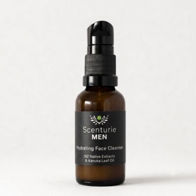 30ml amber glass travel bottle of Scenturie Men's Hydrating Face Cleanser Mini, a natural 2-in-1 face wash and shave cream.