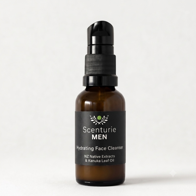 30ml amber glass travel bottle of Scenturie Men's Hydrating Face Cleanser Mini, a natural 2-in-1 face wash and shave cream.