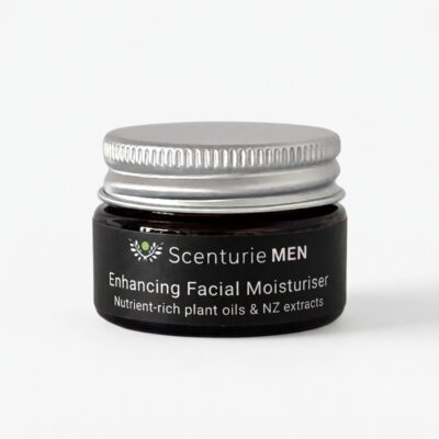 15ml glass travel jar of Scenturie Men's Enhancing Facial Moisturiser Mini with an aluminium lid.