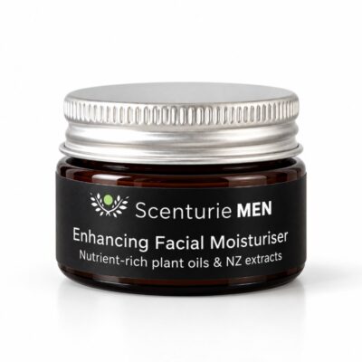 Scenturie Men's Enhancing Facial Moisturiser mini in a 15mL amber glass jar with aluminium screw lid.