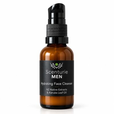 Scenturie men's hydrating face cleanser mini 30mL in an amber glass bottle with black dispensing pump.