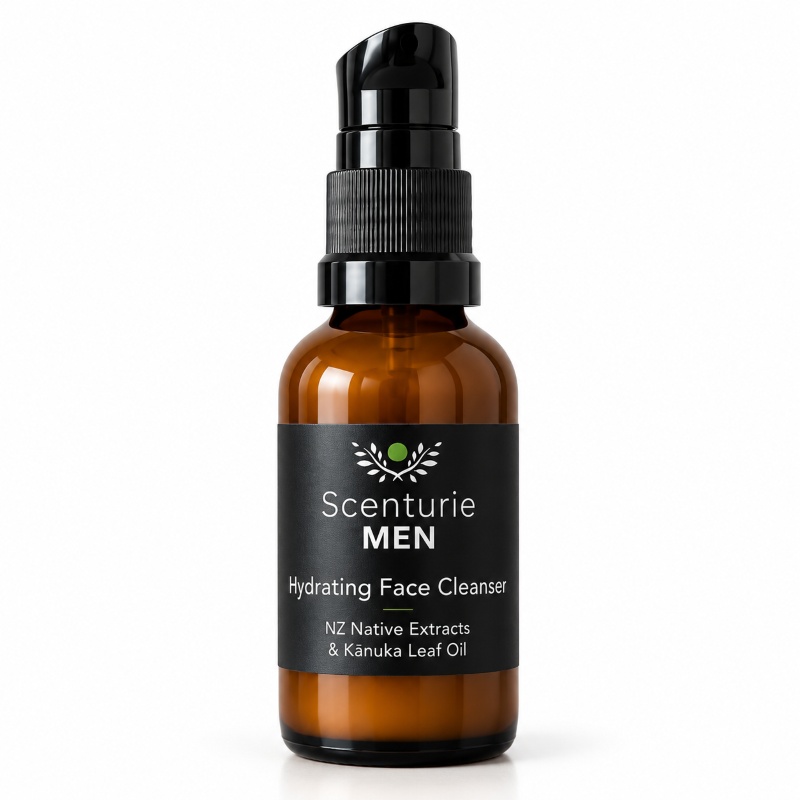 Scenturie men's hydrating face cleanser mini 30mL in an amber glass bottle with black dispensing pump.