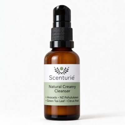 Scenturie natural creamy cleanser mini 30mL in an amber glass bottle with black pump dispenser.