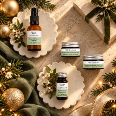 Scenturie natural skincare minis travel kit featuring cleanser, toner, day cream and night cream, styled with olive-green fabric, gold Christmas ornaments and festive greenery.