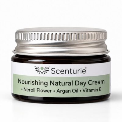 Scenturie natural day cream mini 15mL in an amber glass jar with aluminium screw lid.