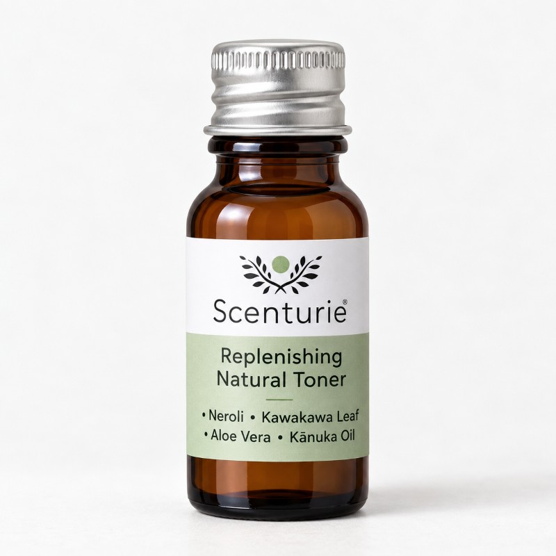 Scenturie replenishing natural toner mini in a 10mL amber glass bottle with aluminium screw cap.
