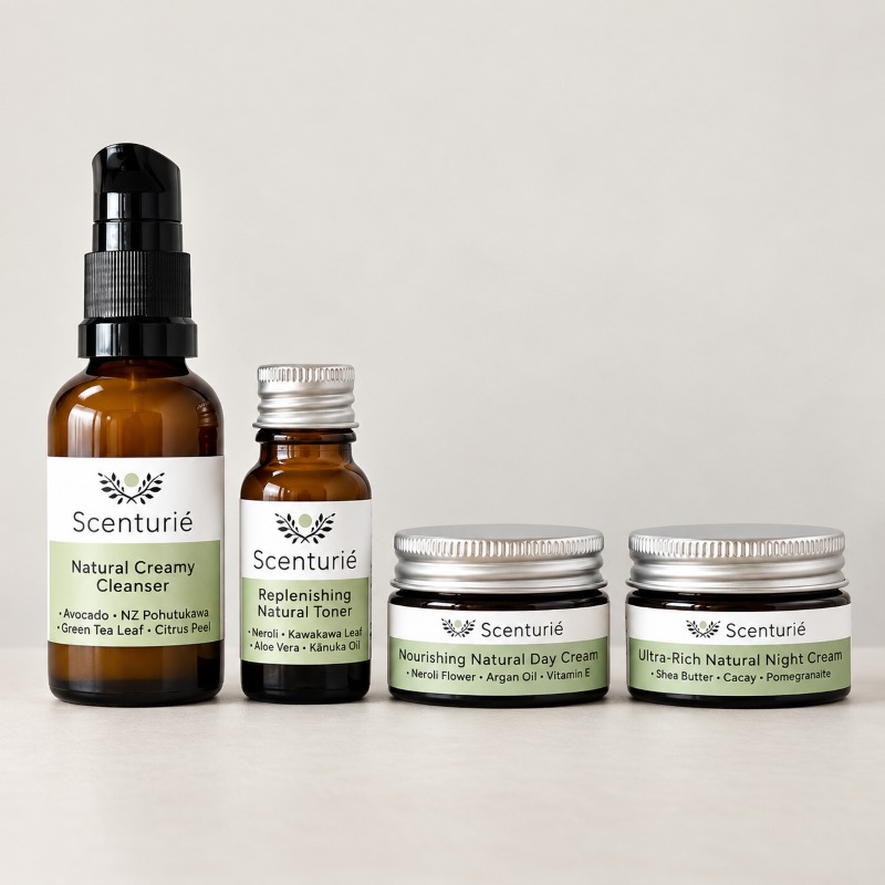 Scenturie skincare travel kit featuring four botanical minis in amber glass bottles and jars on a neutral background.