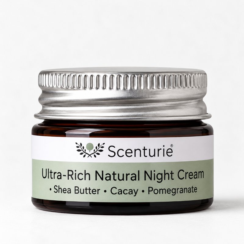 Scenturie ultra-rich natural night cream mini 15mL in an amber glass jar with aluminium screw lid.