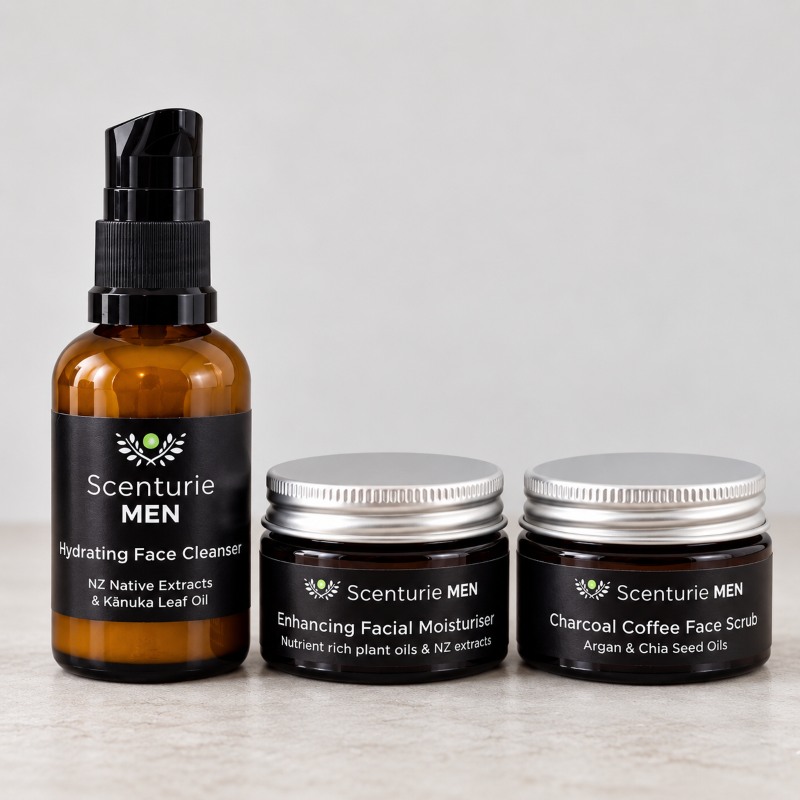 Scenturie men's skincare travel kit featuring three botanical minis: gentle cleanser, face scrub, and moisturiser in amber glass.
