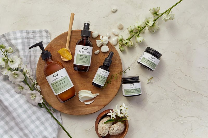 flatlay of Scenturie natural skincare products