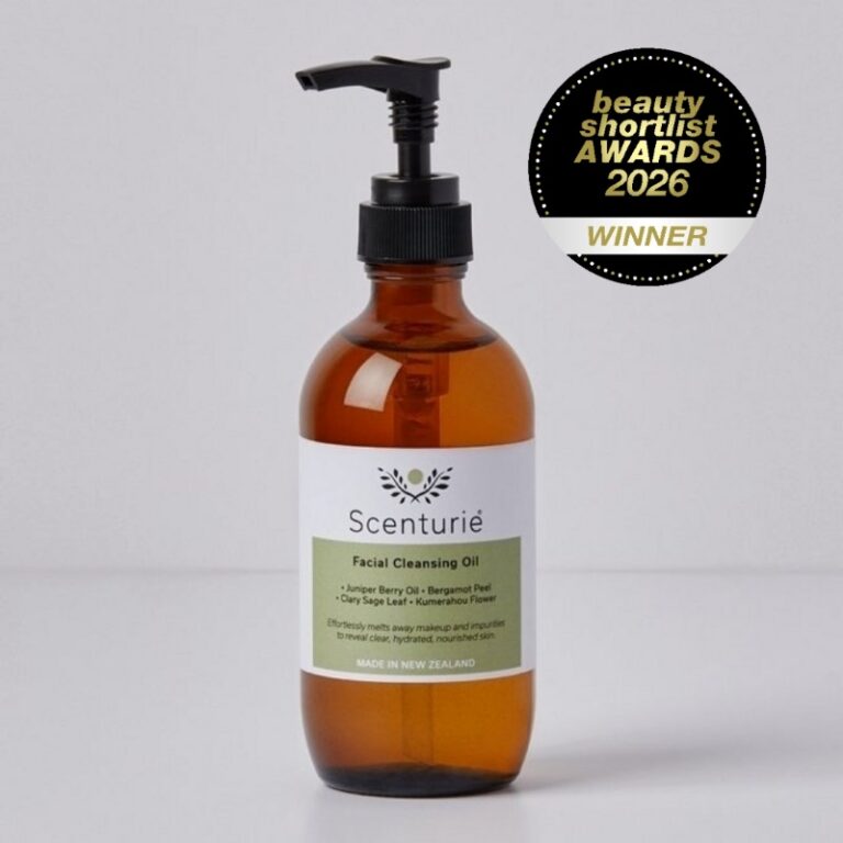 Scenturie Facial Cleansing Oil in a 195mL amber glass bottle featuring the 2026 International Beauty Shortlist Gold Winner logo for Best Cleansing Oil (Oily Skin).