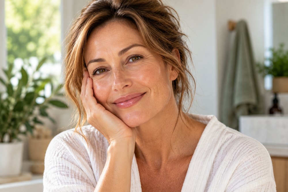 middle aged model with healthy skin smiling