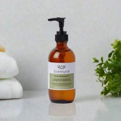 Scenturie's Natural Facial Cleansing Oil in its amber glass bottle, styled on a modern bathroom vanity.