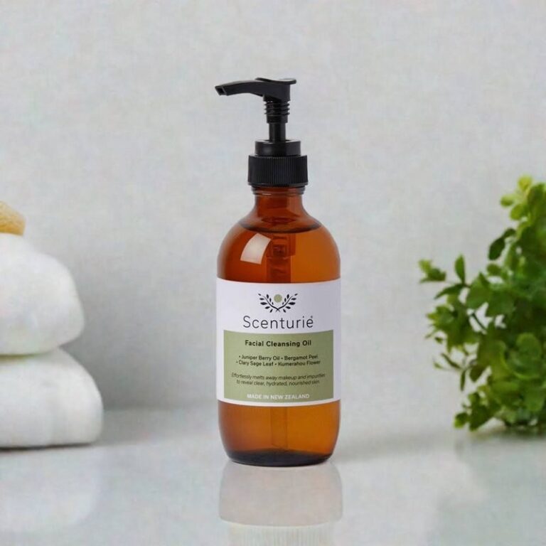 Scenturie Facial Cleansing Oil, winner of best Facial Cleansing Oil at the 2026 International Beauty Shortlist Awards. A 100% natural, antioxidant-rich oil cleanser for sensitive skin in an amber glass bottle with plastic-free refills. Styled on a modern bathroom vanity.