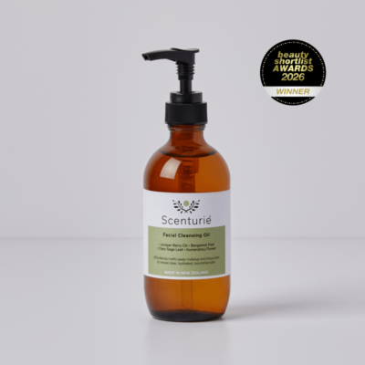 Scenturie Facial Cleansing Oil, winner of best Facial Cleansing Oil at the 2026 International Beauty Shortlist Awards. A 100% natural, antioxidant-rich oil cleanser for sensitive skin in an amber glass bottle with plastic-free refills.