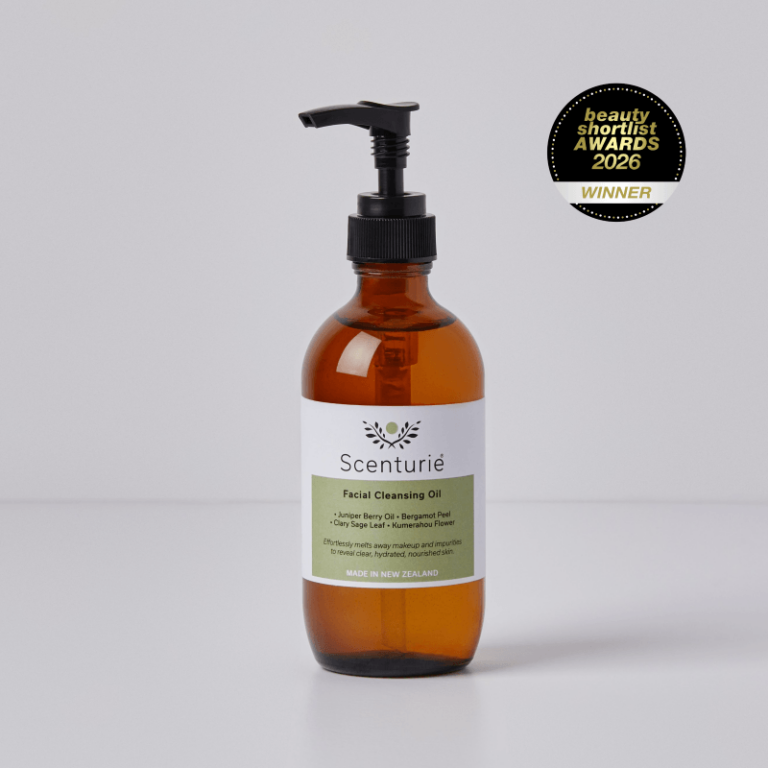 Scenturie Facial Cleansing Oil, winner of best Facial Cleansing Oil at the 2026 International Beauty Shortlist Awards. A 100% natural, antioxidant-rich oil cleanser for sensitive skin in an amber glass bottle with plastic-free refills.