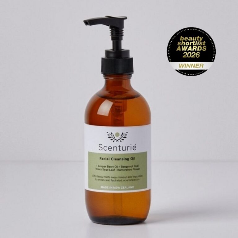 Scenturie Facial Cleansing Oil, winner of best Facial Cleansing Oil at the 2026 International Beauty Shortlist Awards. A 100% natural, antioxidant-rich oil cleanser for sensitive skin in an amber glass bottle with plastic-free refills.