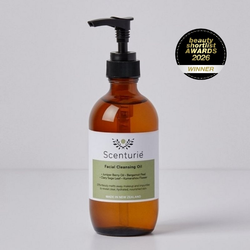 Scenturie Facial Cleansing Oil, winner of best Facial Cleansing Oil at the 2026 International Beauty Shortlist Awards. A 100% natural, antioxidant-rich oil cleanser for sensitive skin in an amber glass bottle with plastic-free refills.