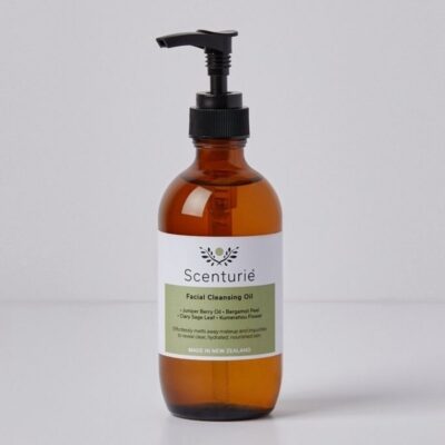 Scenturie Natural Facial Cleansing Oil in its 195ml amber glass bottle with a black pump.