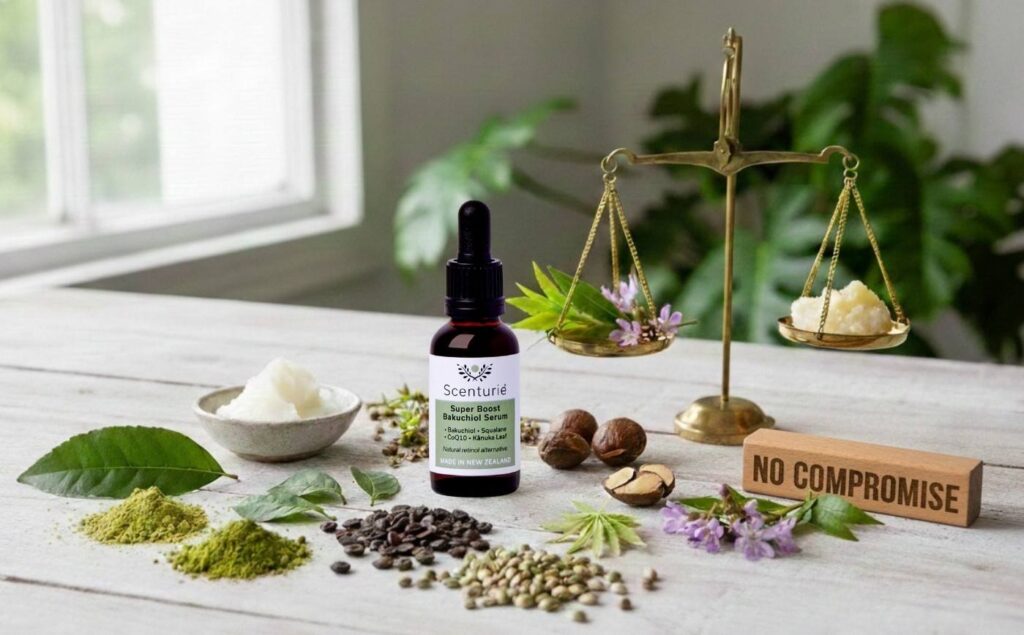 A Scenturie Super Boost Bakuchiol Serum glass bottle with dropper surrounded by raw plant-based ingredients like green tea powder, seeds, and botanical extracts, featuring a brass scale and a wooden stamp that says 'NO COMPROMISE'.