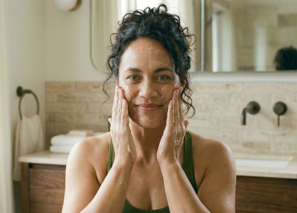 A woman in a natural bathroom setting applying a botanical cleanser, demonstrating the first step of a science-led skincare routine for healthy skin.