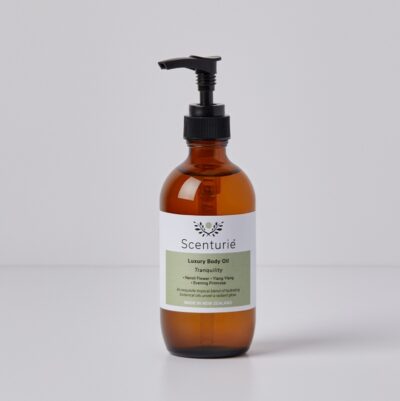 Scenturie's Luxury Body Oil - Tranquility in its 195ml amber glass bottle with pump.