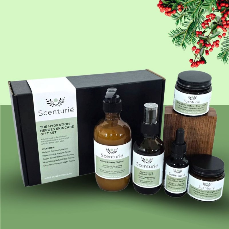 Scenturie's Hydration Heroes Gift Set, styled on a festive background with Christmas mistletoe.