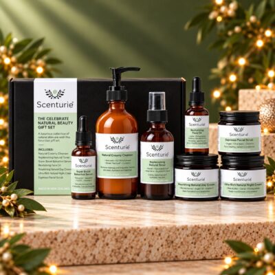 Scenturie Celebrate Natural Beauty Gift Set featuring natural cleanser, toner, bakuchiol serum, face oil, day cream, night cream and espresso facial scrub, styled with festive greenery and warm Christmas lights.