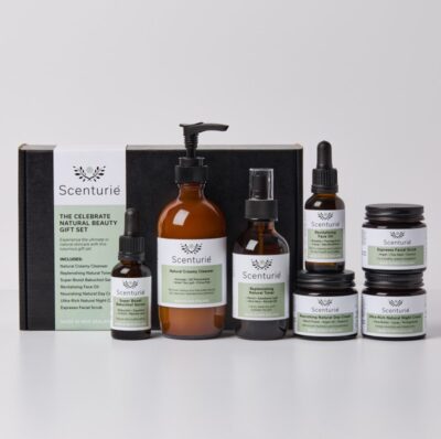 Scenturie Celebrate Natural Beauty Gift Set in a premium gift box with wood wool and ribbon. Features 7 full-sized award-winning products including Bakuchiol Serum and 2026 Triple Gold Night Cream. Handcrafted in NZ.
