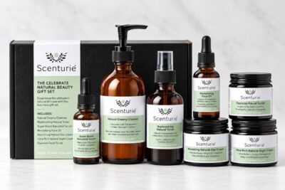 Scenturie Celebrate Natural Beauty Gift Set in a premium gift box with wood wool and ribbon. Features 7 full-sized award-winning products including Bakuchiol Serum and 2026 Triple Gold Night Cream. Handcrafted in NZ.