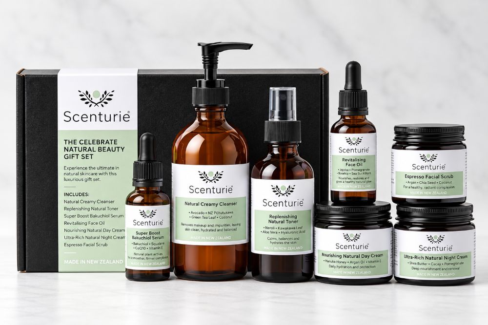 Scenturie Celebrate Natural Beauty Gift Set in a premium gift box with wood wool and ribbon. Features 7 full-sized award-winning products including Bakuchiol Serum and 2026 Triple Gold Night Cream. Handcrafted in NZ.