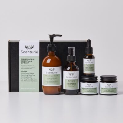 Scenturie Glowing Skin Essentials Gift Set featuring 5 full-sized award-winning products including the 2026 Triple Gold Night Cream and Revitalising Face Oil. Complete 5-step radiance ritual in a luxury NZ-made gift box.