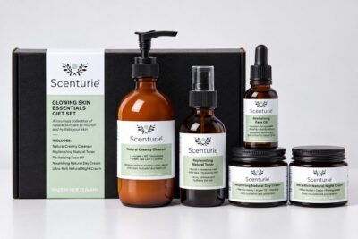 Scenturie Glowing Skin Essentials Gift Set featuring 5 full-sized award-winning products including the 2026 Triple Gold Night Cream and Revitalising Face Oil. Complete 5-step radiance ritual in a luxury NZ-made gift box.