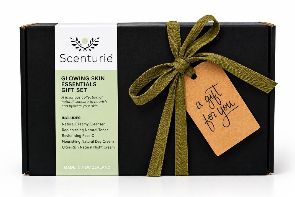 Scenturie Glowing Skin Essentials Gift Set featuring 5 full-sized award-winning products in a luxury NZ-made gift box