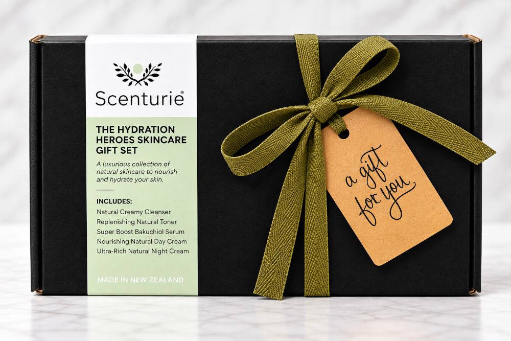 Scenturie Hydration Heroes Skincare Gift Set featuring 5 full-sized award-winning products in a luxury gift box