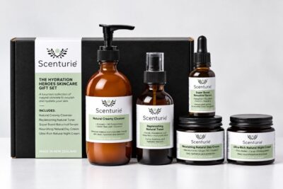Scenturie Hydration Heroes Skincare Gift Set featuring 5 full-sized award-winning products including Bakuchiol Serum and 2026 Triple Gold Night Cream. Premium NZ-made hydration ritual in a luxury gift box.