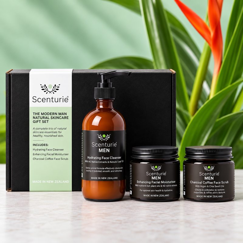 Scenturie Modern Man Natural Skincare Gift Set featuring the full-sized award-winning Men's Cleanser, Scrub, and Moisturiser in front of a premium black gift box with a Bird of Paradise plant in the background.