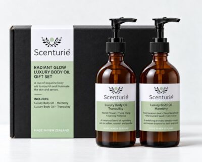 Scenturie Radiant Glow Luxury Body Oil Gift Set: Two 195mL aromatherapy body and massage oils in Harmony and Tranquility scents presented in a luxury black gift box.