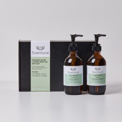 Scenturie Radiant Glow Gift Set: Two 195mL aromatherapy body and massage oils in Harmony and Tranquility scents.